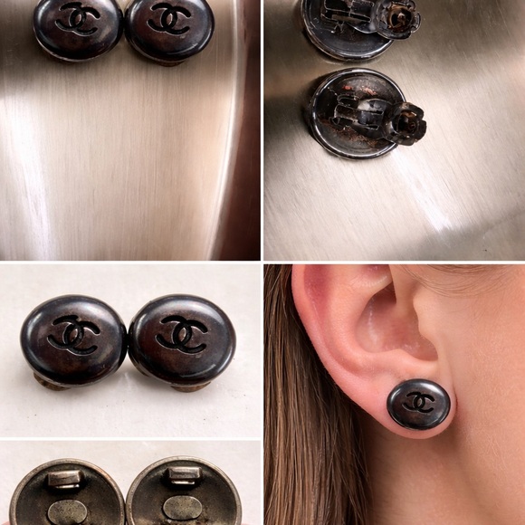 Authentic vintage Chanel CC logo button clip-on earrings from the 1990s